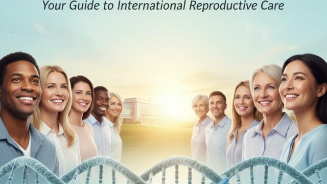 Diverse group of hopeful individuals with a DNA helix, egg cell, and ICSI syringe, symbolizing fertility treatments abroad including IVF, ICSI, and egg donation. Global medical care.