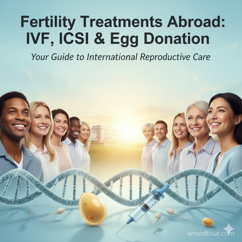 Diverse group of hopeful individuals with a DNA helix, egg cell, and ICSI syringe, symbolizing fertility treatments abroad including IVF, ICSI, and egg donation. Global medical care.