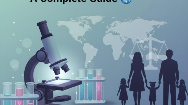 Illustration showing Fetal Gender Selection (PGT-A) process with a microscope, test tubes labeled XX and XY chromosomes, a world map background, and a family silhouette representing family balancing.
