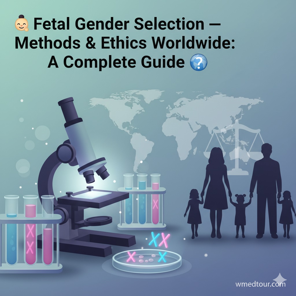 Illustration showing Fetal Gender Selection (PGT-A) process with a microscope, test tubes labeled XX and XY chromosomes, a world map background, and a family silhouette representing family balancing.
