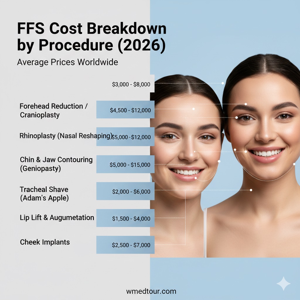An infographic detailing the key factors that influence the price of Facial Feminization Surgery (FFS) in 2026. Categories include Surgeon's Expertise, Facility & Location, Procedures Performed, and Additional Costs, with bullet points under each explaining specific aspects. Two women are shown on the right side of the image.