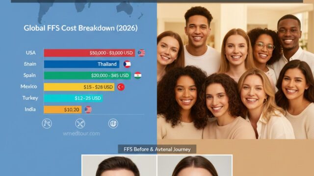 A featured image for an article on Facial Feminization Surgery (FFS) cost comparison in 2026, showing a world map background, a graph comparing FFS costs in different countries (USA, Spain, Mexico, Turkey, India), and a diverse group of smiling individuals. The title "FFS Cost Comparison 2026: The Price of Facial Feminization Surgery by Country" is prominently displayed. A small "wmedtour.com" watermark is visible.