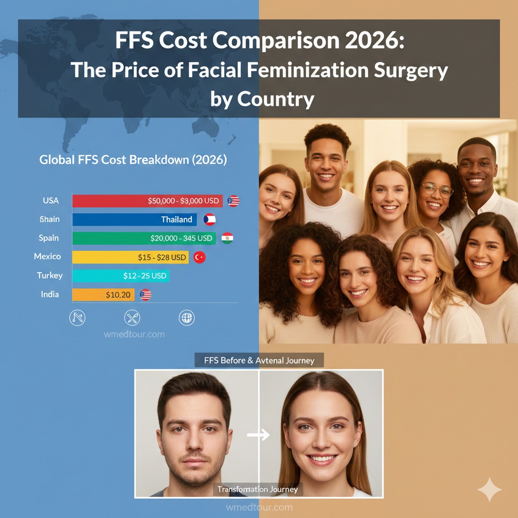 A featured image for an article on Facial Feminization Surgery (FFS) cost comparison in 2026, showing a world map background, a graph comparing FFS costs in different countries (USA, Spain, Mexico, Turkey, India), and a diverse group of smiling individuals. The title "FFS Cost Comparison 2026: The Price of Facial Feminization Surgery by Country" is prominently displayed. A small "wmedtour.com" watermark is visible.