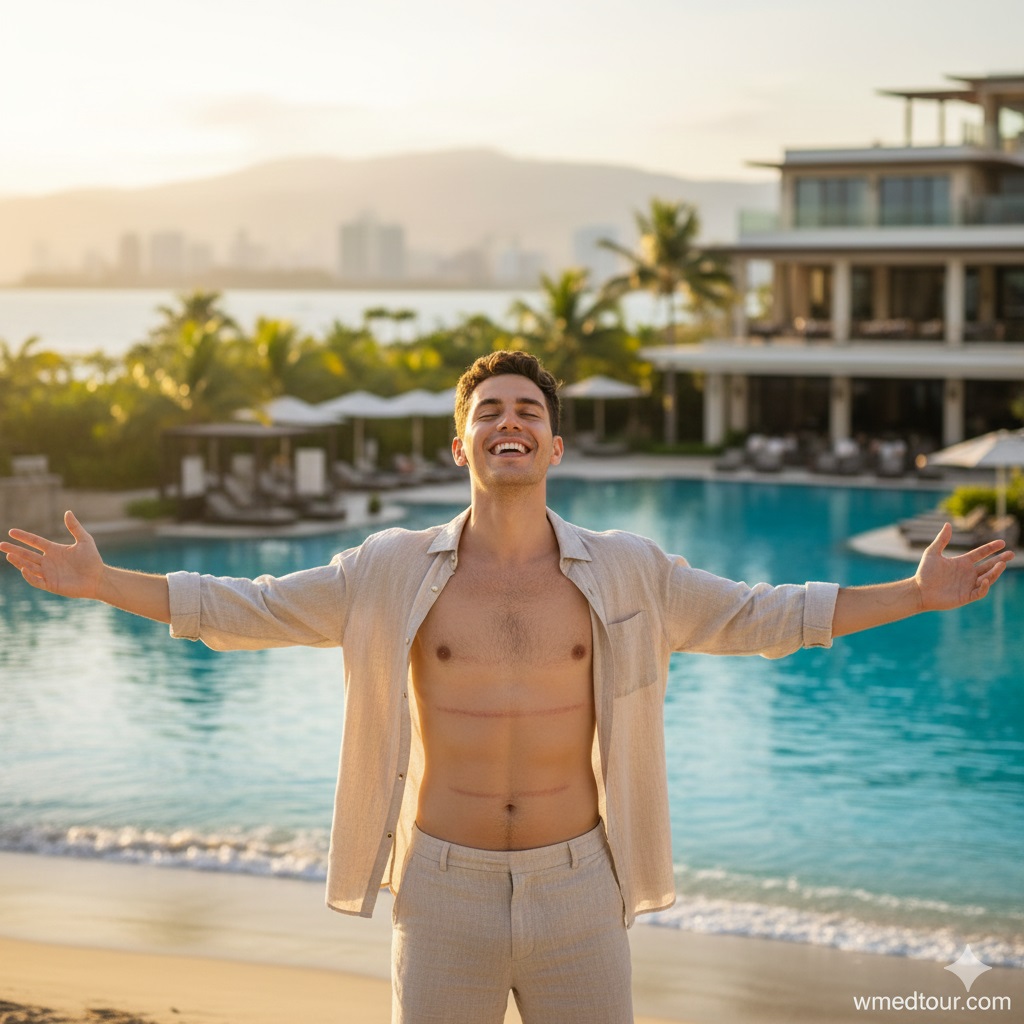 A happy, smiling person with visible FTM top surgery scars stands confidently on a beach with arms outstretched, celebrating their recovery and new body in a beautiful resort setting.