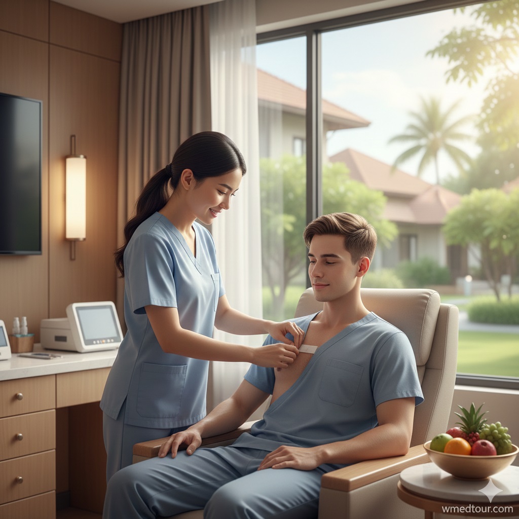 A kind nurse attends to a smiling FTM patient in a bright, modern recovery room with large windows overlooking a lush outdoor area, symbolizing attentive post-operative care in an international clinic.