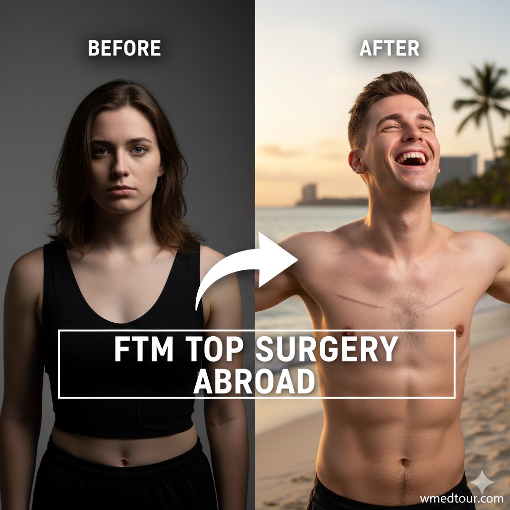 Side-by-side panel showing the emotional and physical transformation from a dysphoric woman (before) to a confident, happy man with a flat chest (after), symbolizing the positive impact of FTM top surgery.