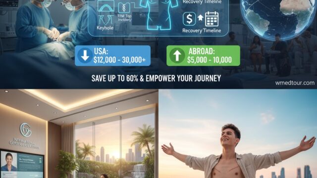 Infographic showing surgeons in an operating room, detailed diagrams of FTM top surgery techniques (double incision, keyhole, T-anchor), a globe, and a clear cost comparison highlighting savings for surgery abroad.