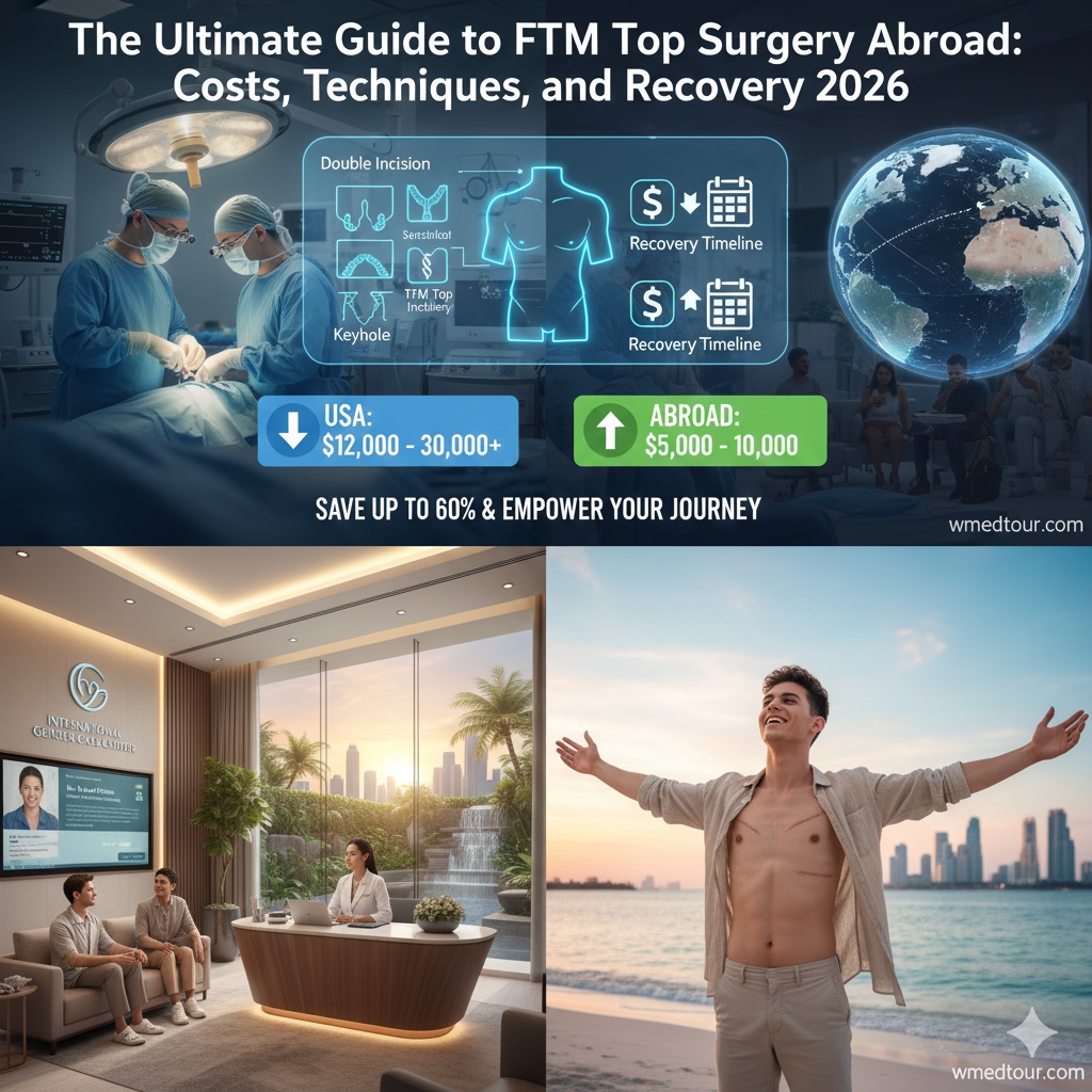 Infographic showing surgeons in an operating room, detailed diagrams of FTM top surgery techniques (double incision, keyhole, T-anchor), a globe, and a clear cost comparison highlighting savings for surgery abroad.