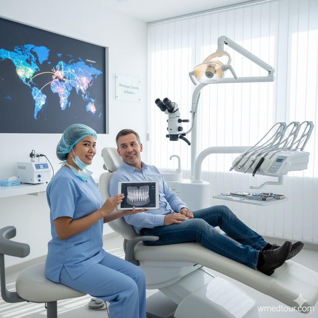 A dentist showing X-ray images on a tablet to a male patient in a bright, modern dental clinic, featuring a world map on the wall.