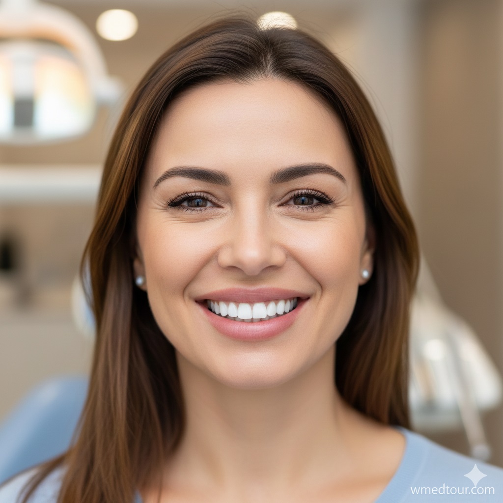 A happy woman with a beautiful, confident smile, showing perfectly aligned, healthy teeth, representing the successful outcome of full mouth dental implants.
