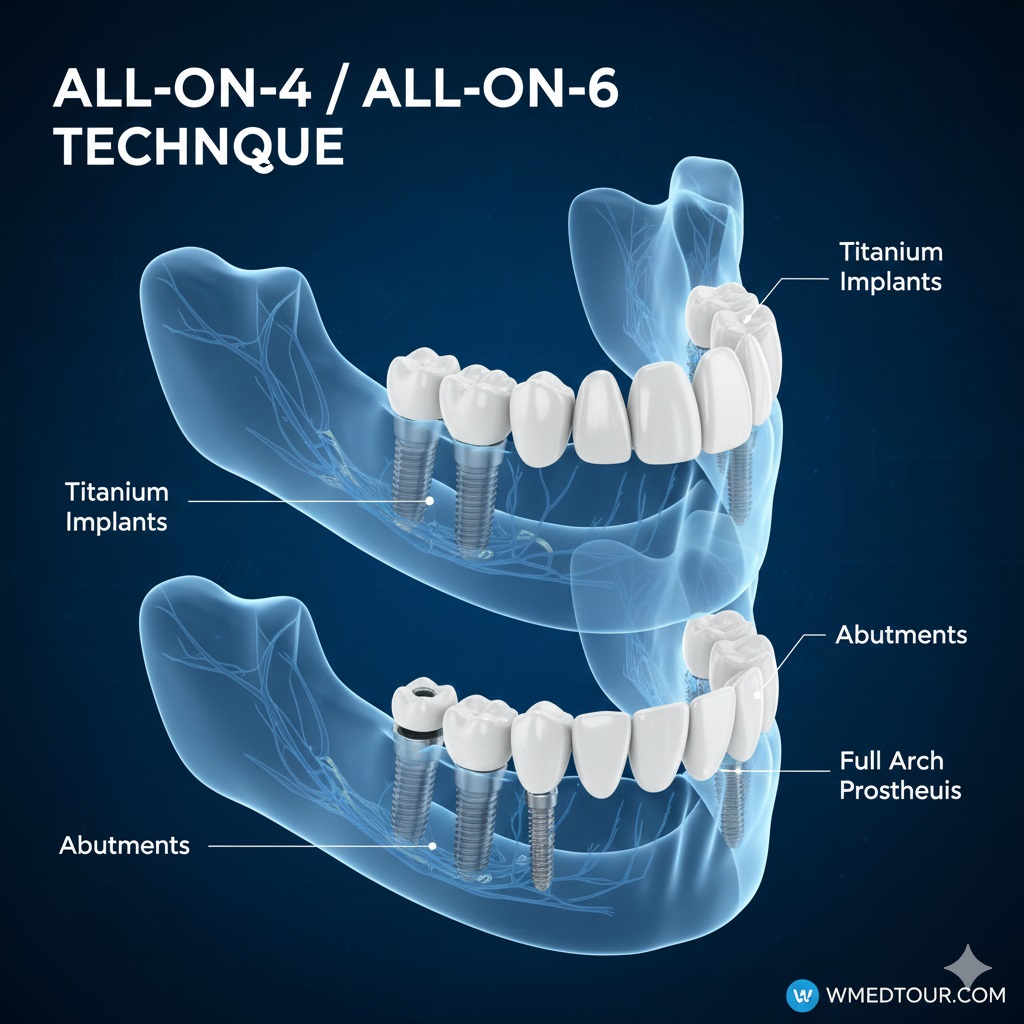 Diagram illustrating the All-on-4 implant technique with four titanium screws strategically placed in the jawbone to support a full arch bridge.