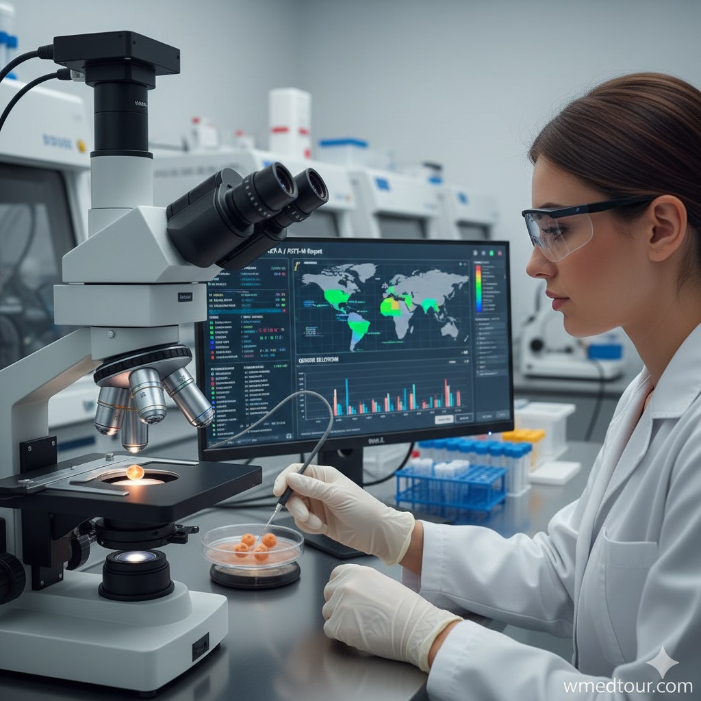 A laboratory scientist performing intricate work with a microscope and petri dish, with a monitor displaying genetic mapping and embryo analysis, illustrating preimplantation genetic diagnosis (PGD/PGS).