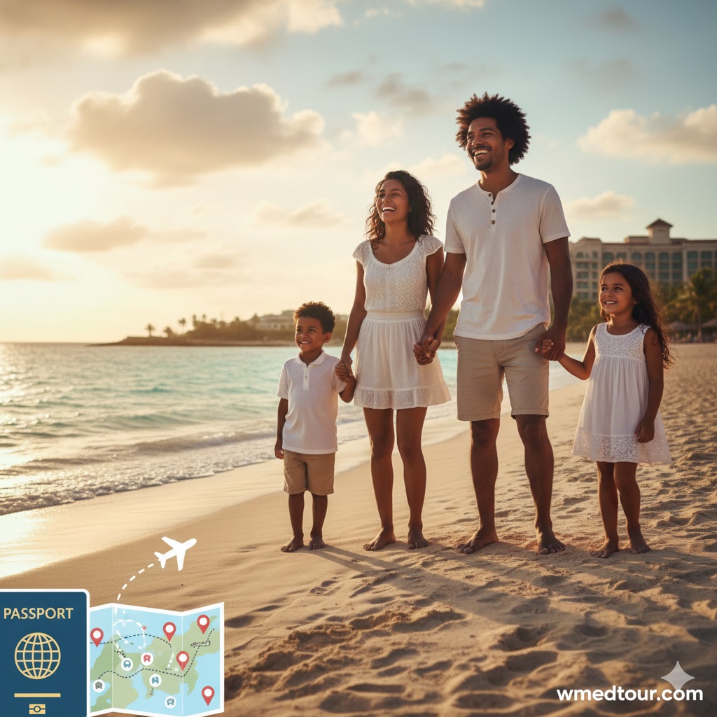 A happy family with two children walking hand-in-hand on a scenic beach at sunset, with a passport and world map graphic indicating international travel for medical tourism, representing the global options for IVF.