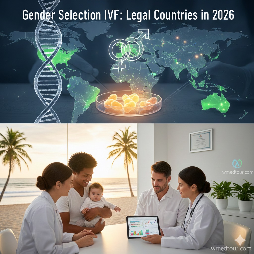 A world map highlighting countries with legal gender selection IVF, overlaid with DNA helix and gender symbols, representing the global legal landscape of reproductive technology.