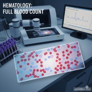 A laboratory scene depicting a blood analysis machine, blood samples, a microscope slide with red and white blood cells, and a monitor displaying a full blood count report.