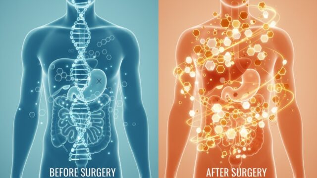 Illustration depicting the role of hormone therapy before and after surgery, showing bodily changes and molecular interactions.