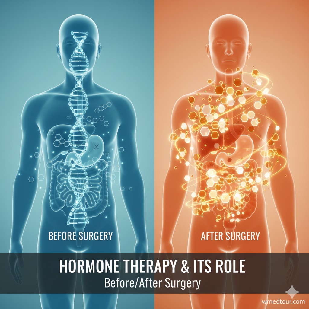 Illustration depicting the role of hormone therapy before and after surgery, showing bodily changes and molecular interactions.