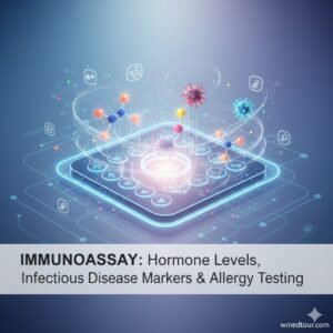 An intricate digital illustration representing immunoassay technology, with molecular structures, viruses, and allergy-related icons floating above a glowing central platform, surrounded by interconnected lines and data points. The text "IMMUNOASSAY: Hormone Levels, Infectious Disease Markers & Allergy Testing" is overlaid, and a small "wmedtour.com" watermark is in the bottom right corner.