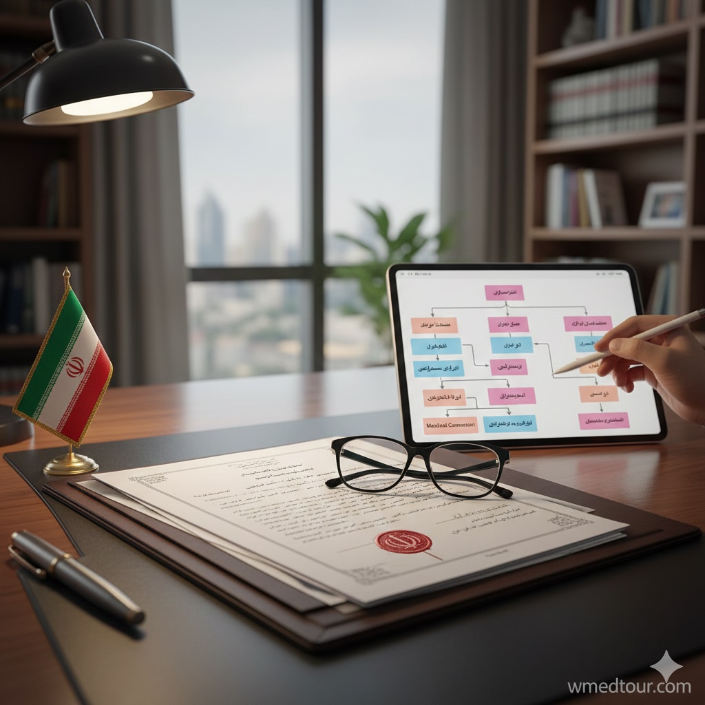 Desk scene with Iranian flag, legal documents, eyeglasses, and a tablet displaying a flowchart of the legal process for GCS and HRT