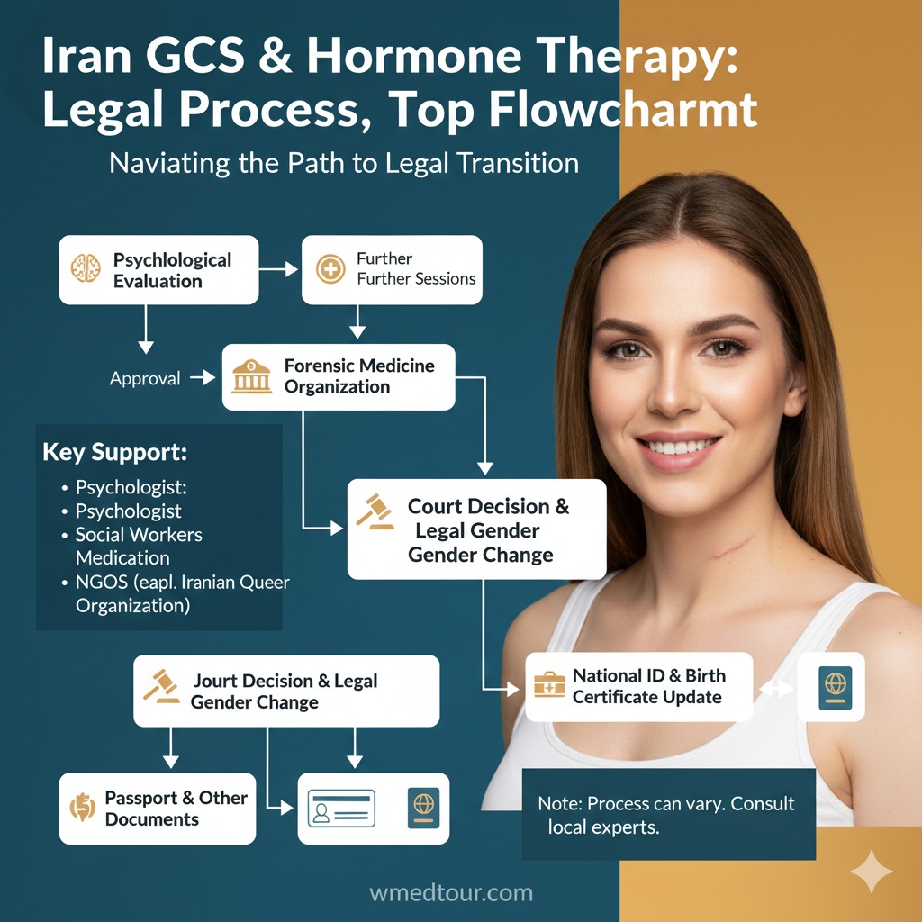 A flowchart detailing the legal process for Gender Confirmation Surgery (GCS) and Hormone Therapy in Iran. It shows steps like psychological evaluation, forensic medicine organization review, court decision for legal gender change, and updating national ID and passport, along with key support elements.