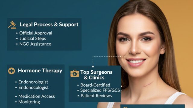A featured image for an article about Gender Confirmation Surgery (GCS) and Hormone Therapy in Iran, detailing the legal process, top surgeons, and comprehensive costs. The image shows a beautiful woman and infographic elements outlining key information. The title "Iran GCS & Hormone Therapy: Legal Process, Top Surgeons, and Comprehensive Cost" is prominently displayed. A small "wmedtour.com" watermark is visible.