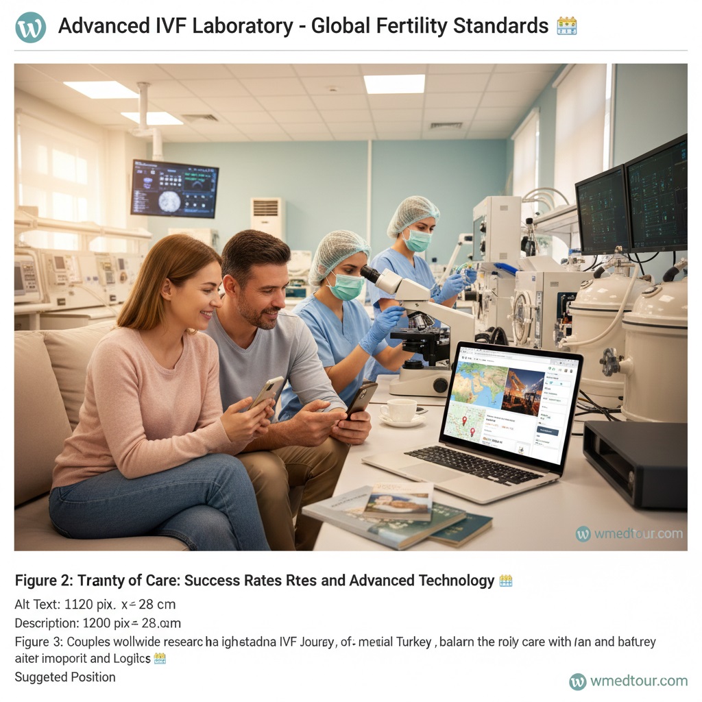 Highly advanced IVF laboratory with embryologists working meticulously under microscopes, symbolizing quality and cutting-edge technology in fertility treatment, with a small wmedtour.com watermark.