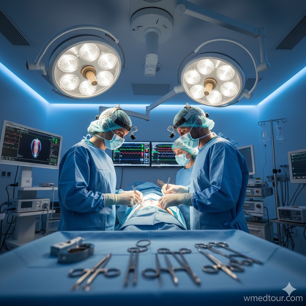 A surgical team performing knee replacement surgery in a modern operating room with advanced equipment and monitors, highlighting precision and high medical standards.
