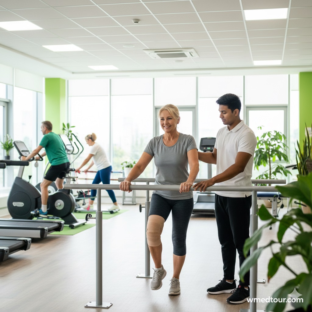 A physical therapist assisting a smiling senior woman with a knee brace during her rehabilitation exercises in a modern, bright physiotherapy gym, showing recovery post-knee replacement.