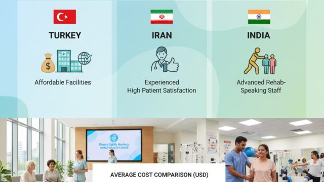 Infographic showing reasons medical tourists choose Turkey, Iran, and India for knee replacement surgery, highlighting affordable facilities, experienced staff, advanced rehab, and an average cost comparison in USD.