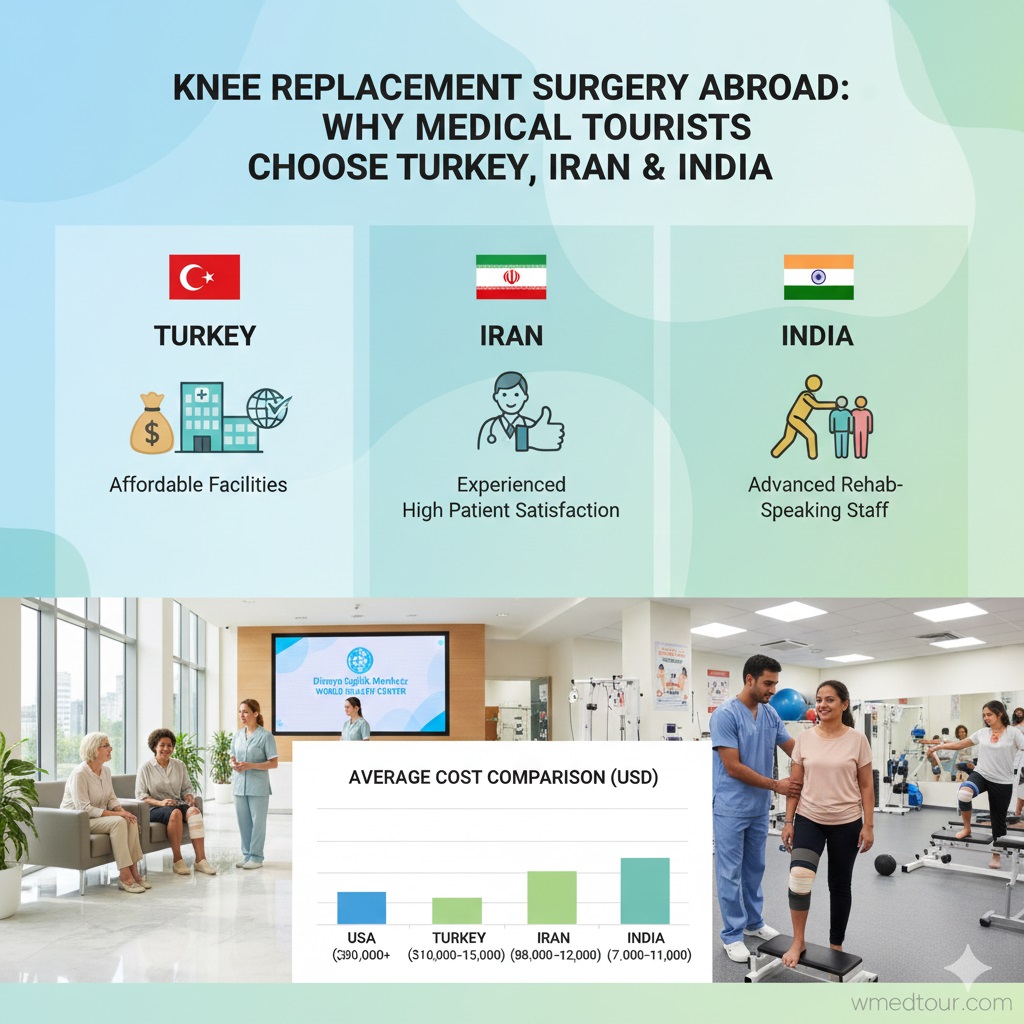 Infographic showing reasons medical tourists choose Turkey, Iran, and India for knee replacement surgery, highlighting affordable facilities, experienced staff, advanced rehab, and an average cost comparison in USD.