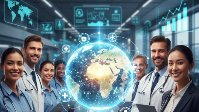 A group of diverse medical professionals (doctors and nurses) smiling confidently, standing in front of a futuristic digital interface displaying a glowing globe and healthcare icons, symbolizing global patient connections. The text "Maximize Your Income with WMedTour.com Global Online Patient Referral Platform" is prominently displayed.