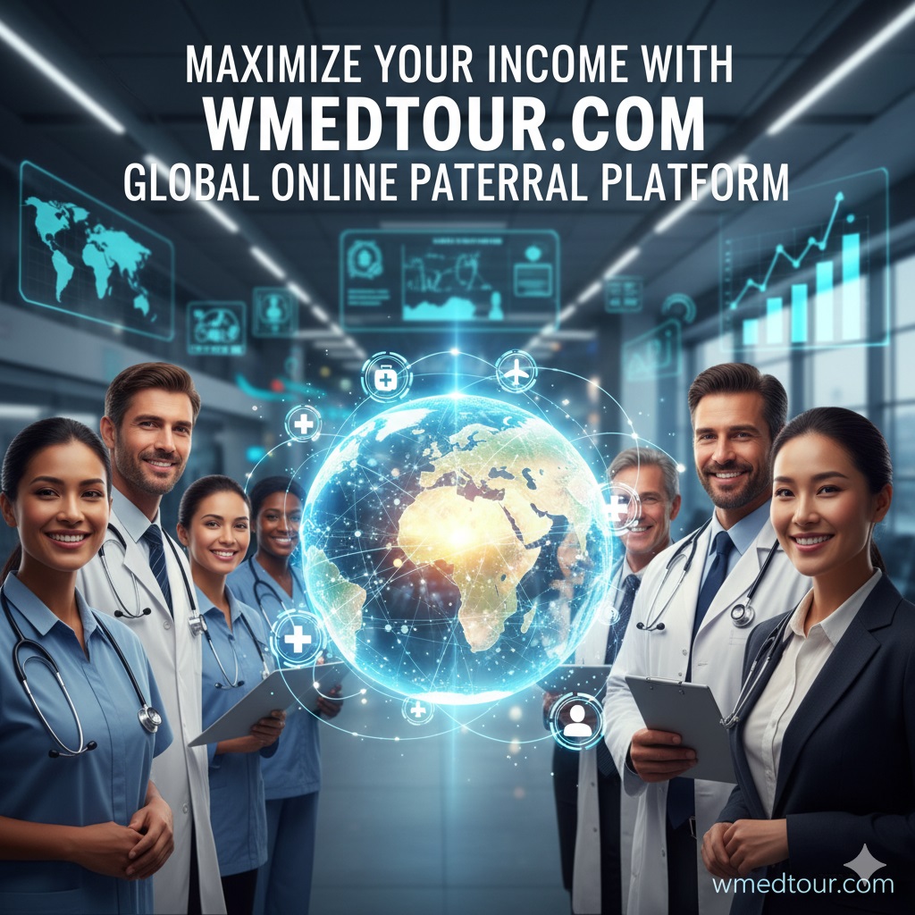 A group of diverse medical professionals (doctors and nurses) smiling confidently, standing in front of a futuristic digital interface displaying a glowing globe and healthcare icons, symbolizing global patient connections. The text "Maximize Your Income with WMedTour.com Global Online Patient Referral Platform" is prominently displayed.