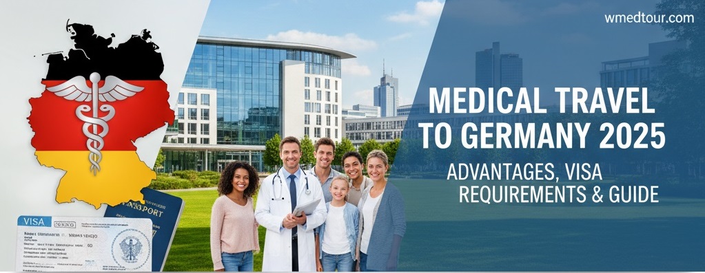 Medical tourism to Germany in 2025 showing a diverse group of people, a doctor, a map of Germany with a medical caduceus, passport, and visa, set against a modern hospital building.