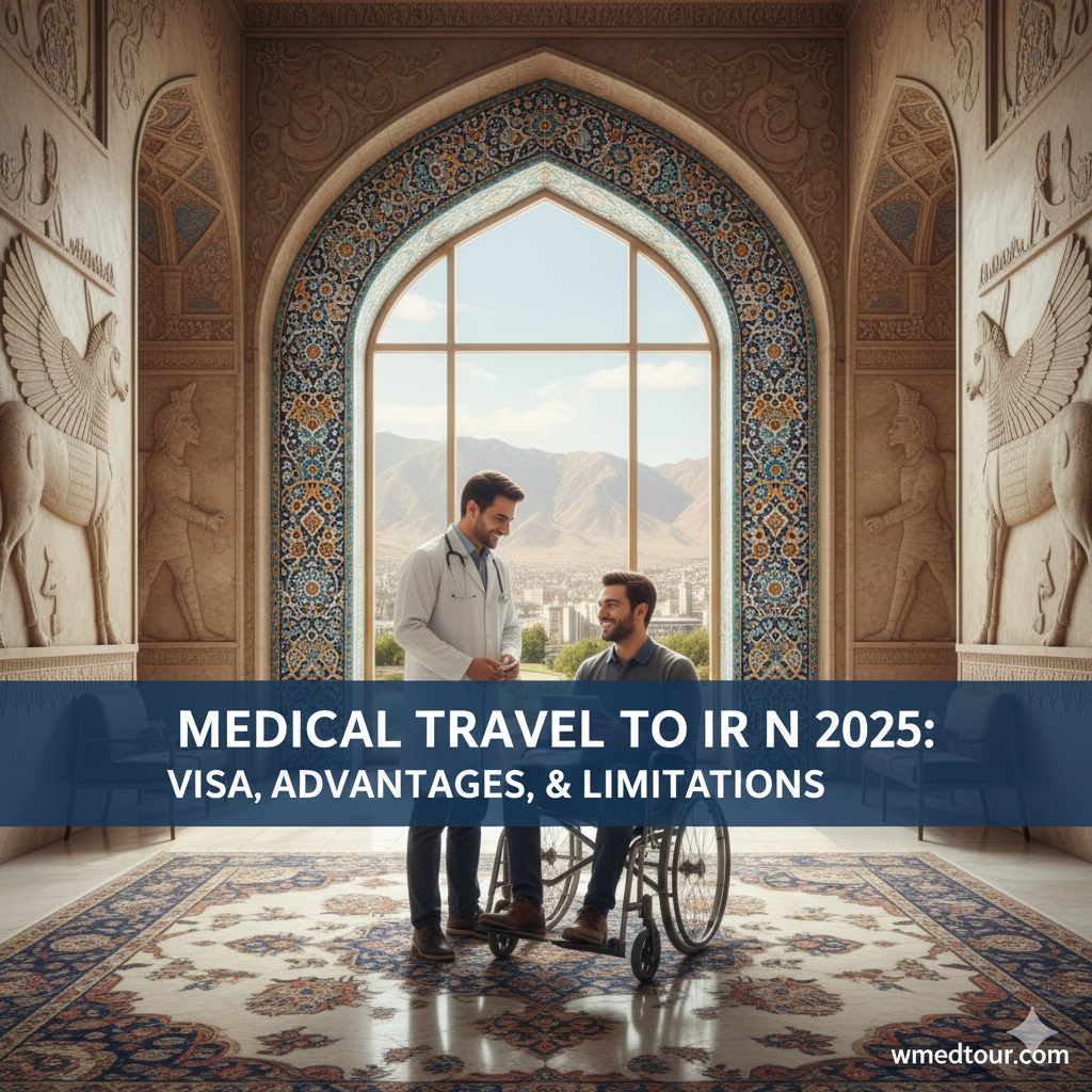A doctor smiling next to a patient in a wheelchair in a modern Iranian clinic, with the title "Medical Travel to Iran 2025: Visa, Advantages, & Limitations" overlaid.