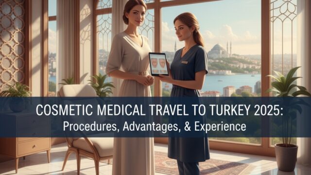 An elegant woman standing next to a medical professional holding a tablet displaying cosmetic procedure results, set in a luxurious clinic overlooking the Bosphorus in Istanbul. The text "COSMETIC MEDICAL TRAVEL TO TURKEY 2025: Procedures, Advantages, & Experience" is overlaid.