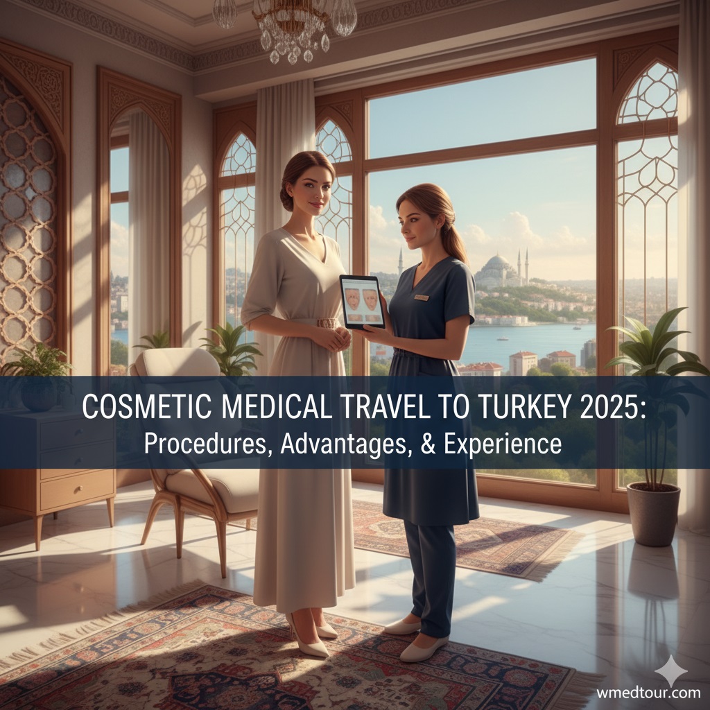 An elegant woman standing next to a medical professional holding a tablet displaying cosmetic procedure results, set in a luxurious clinic overlooking the Bosphorus in Istanbul. The text "COSMETIC MEDICAL TRAVEL TO TURKEY 2025: Procedures, Advantages, & Experience" is overlaid.