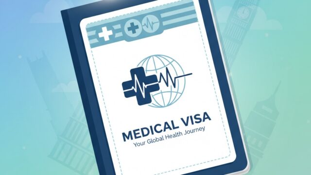 Illustration of a stylized medical visa document on a blue passport, combining a cross, heartbeat line, and globe to represent international medical tourism.