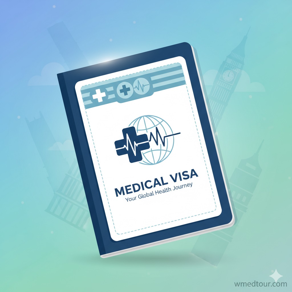 Illustration of a stylized medical visa document on a blue passport, combining a cross, heartbeat line, and globe to represent international medical tourism.