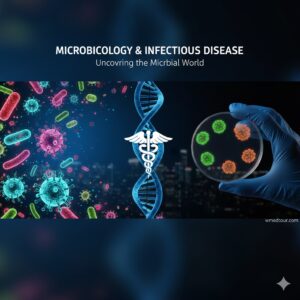 High-definition image representing microbiology and infectious diseases with various bacteria and viruses, a DNA strand, a petri dish, and a subtle watermark of wmedtour.com.