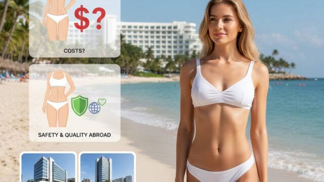 Infographic comparing abdominoplasty costs and safety standards in international medical tourism.
