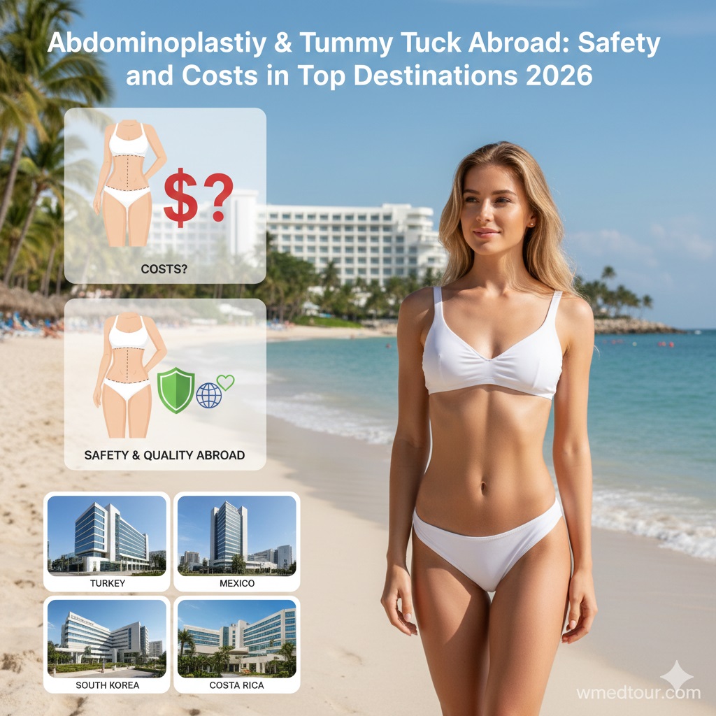 Infographic comparing abdominoplasty costs and safety standards in international medical tourism.