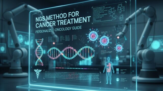 A holographic display in a high-tech lab showing "NGS Method for Cancer Treatment: Personalized Oncology Guide." The display features DNA strands, cancer cell diagrams, and a human body illustration highlighting precision medicine, along with the wmedtour.com watermark.