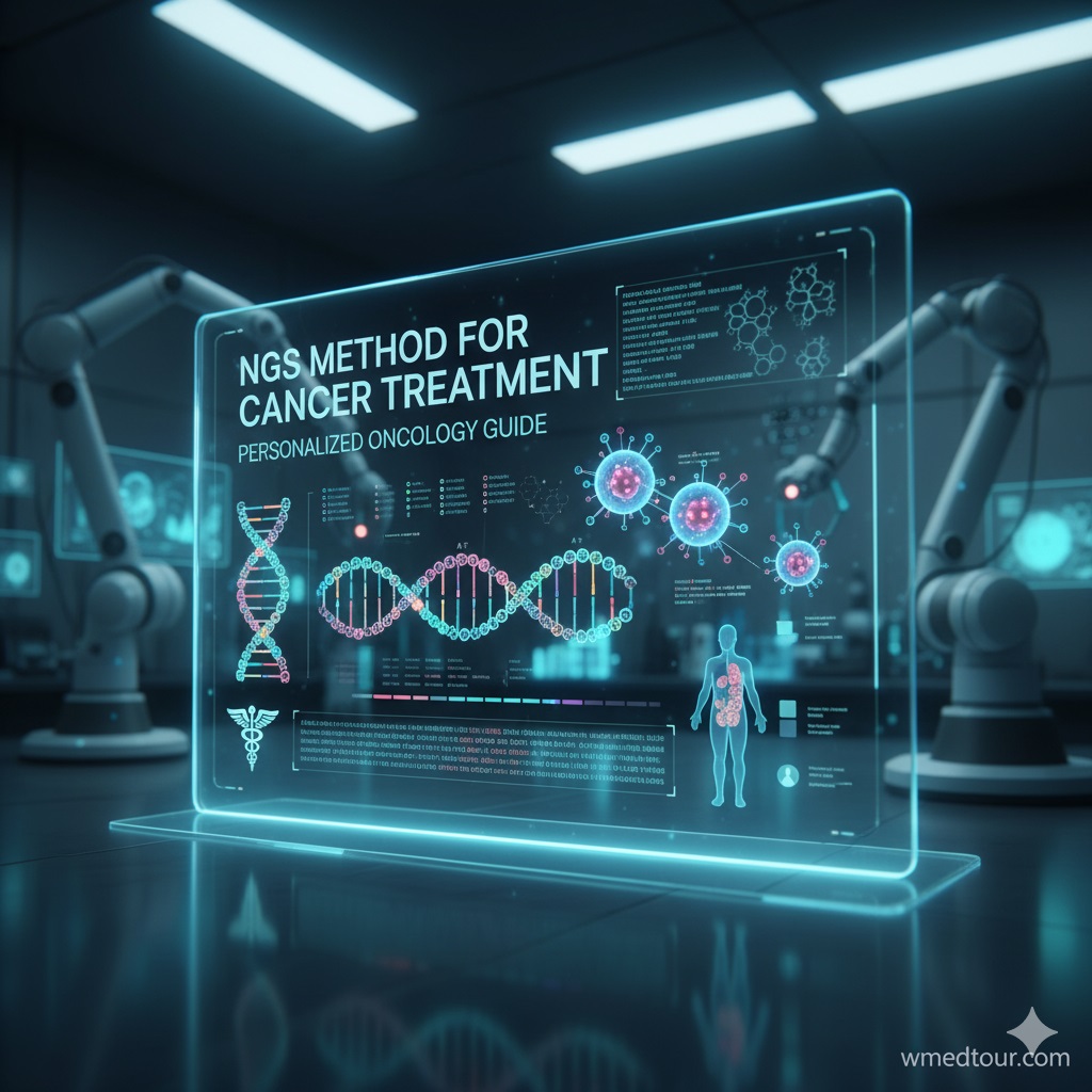 A holographic display in a high-tech lab showing "NGS Method for Cancer Treatment: Personalized Oncology Guide." The display features DNA strands, cancer cell diagrams, and a human body illustration highlighting precision medicine, along with the wmedtour.com watermark.