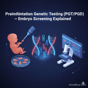 Diagram illustrating Preimplantation Genetic Testing (PGT/PGD), showing an embryo, DNA helix, and chromosomes being examined under a laboratory microscope for genetic screening.