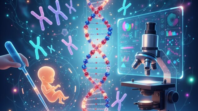 Beautifully colored illustration of Preimplantation Genetic Testing (PGT/PGD) showing an embryo, glowing DNA helix, and chromosomes under a microscope, symbolizing advanced genetic screening.