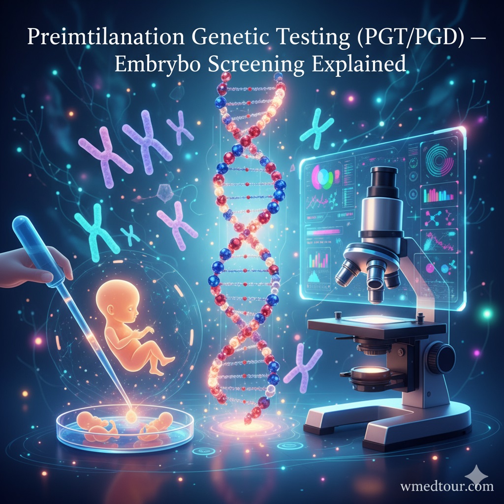 Beautifully colored illustration of Preimplantation Genetic Testing (PGT/PGD) showing an embryo, glowing DNA helix, and chromosomes under a microscope, symbolizing advanced genetic screening.