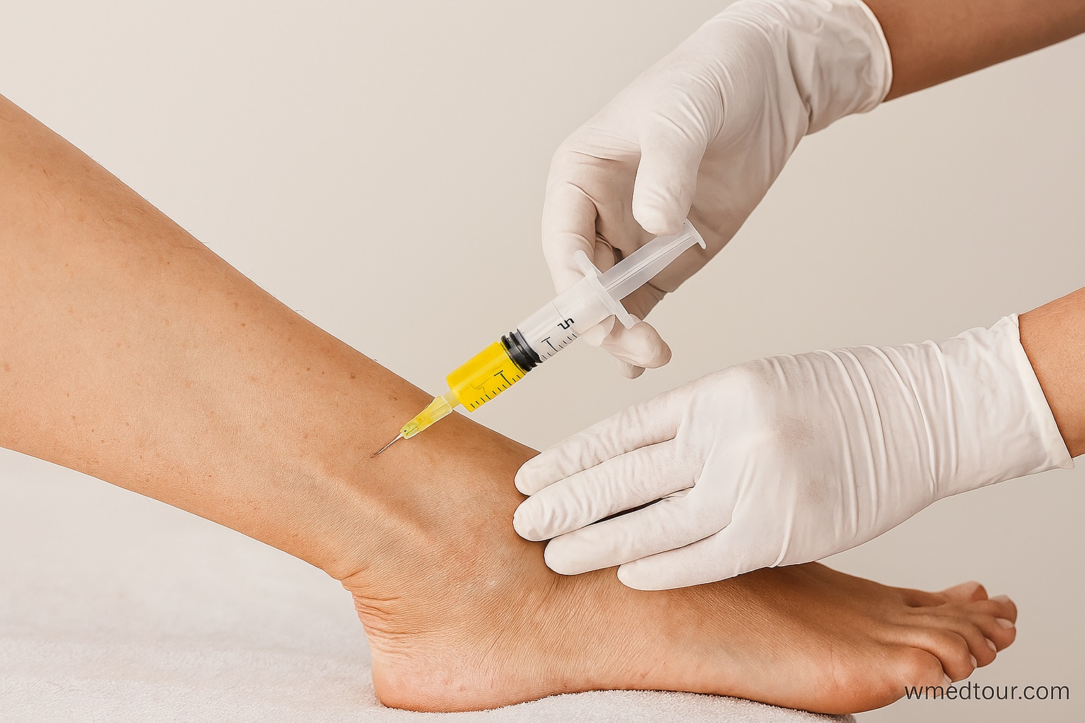 PRP Treatment for Leg Pain: Regenerative Relief Without Surgery Close-up of PRP injection into patient’s ankle by a medical professional wearing gloves