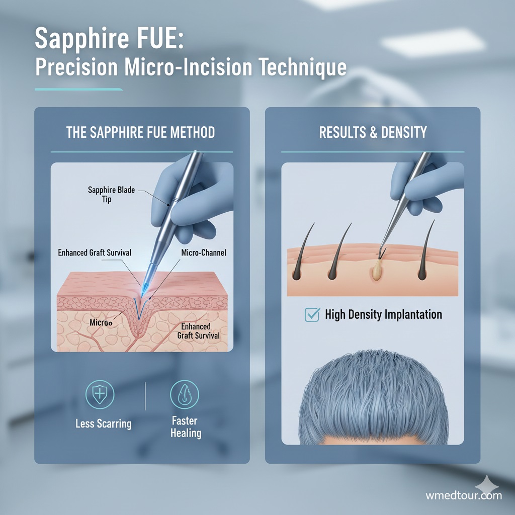 An illustrative image detailing the Sapphire FUE hair transplant technique, showing a sapphire blade creating precise V-shaped micro-incisions in the scalp for enhanced graft survival and high-density implantation, with text highlighting benefits like less scarring and faster healing.