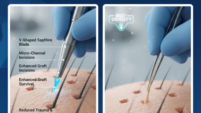 A comparative graphic illustrating the Sapphire FUE technique with blue imagery and the DHI technique with green imagery, featuring hair follicles and specialized tools, with the title "Sapphire FUE or DHI? Which one is better for you?" and "wmedtour.com" watermark.