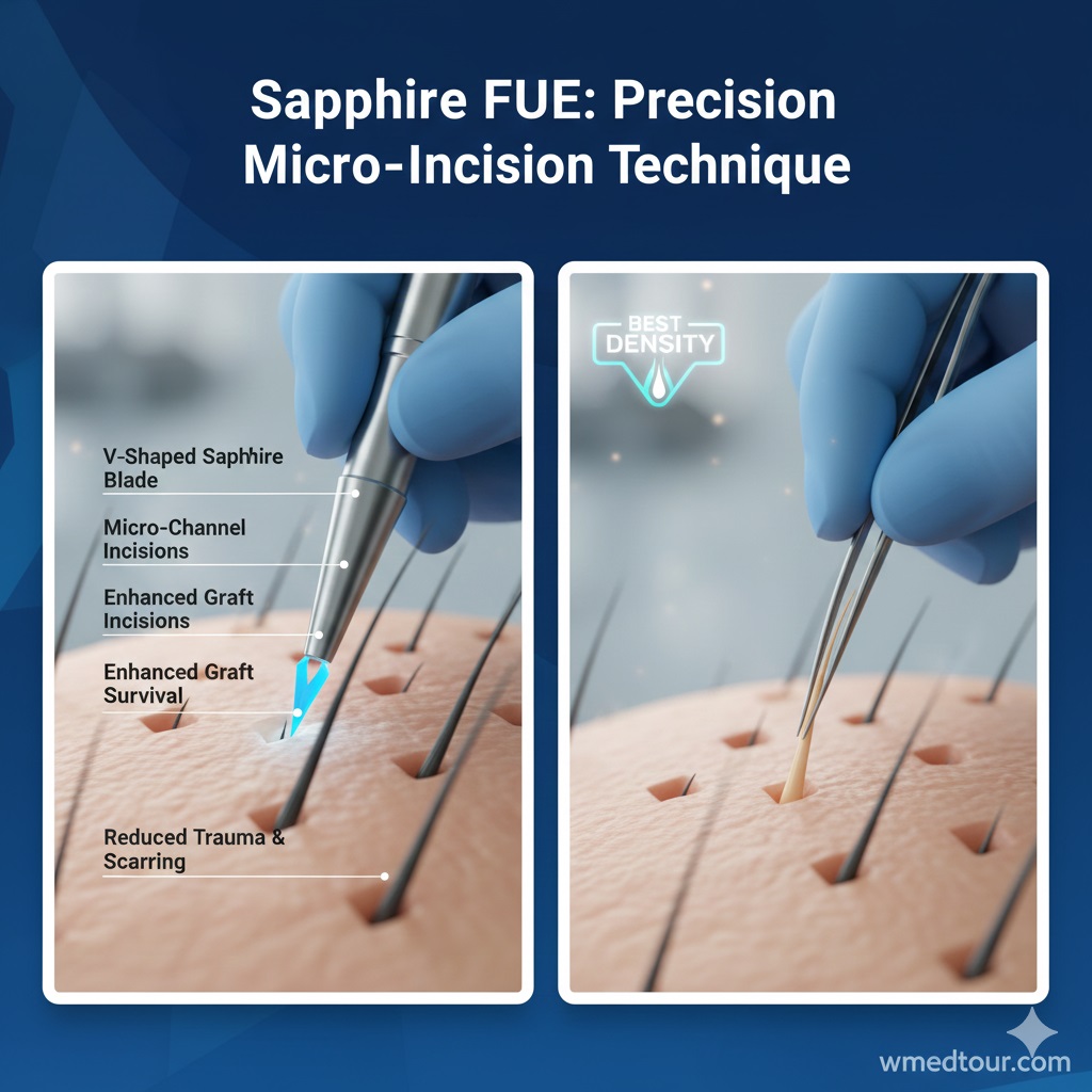 A comparative graphic illustrating the Sapphire FUE technique with blue imagery and the DHI technique with green imagery, featuring hair follicles and specialized tools, with the title "Sapphire FUE or DHI? Which one is better for you?" and "wmedtour.com" watermark.
